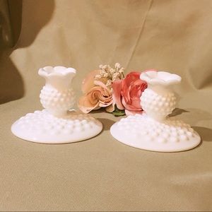 Vintage Fenton White Milk Glass Hobnail candlestick holders Pair 2 EXC